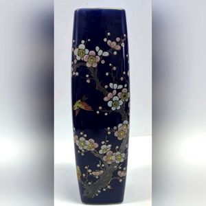Vintage Blue Imported Japanese Vase with Painted Flower and Bird Motif
